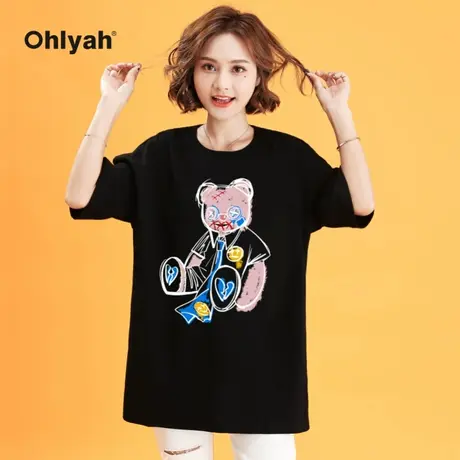 Ohlyah小熊t恤女情侣短袖夏装潮牌Oversize圆领宽松半袖嘻哈上衣商品大图