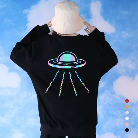 卫衣女男情侣装港风炸街反光星空宇宙飞船图案黑色上衣工作服定制图片