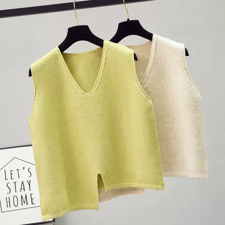 日系V领针织马甲背心女外搭不规则无袖毛衣大码宽松毛线叠穿上衣图片