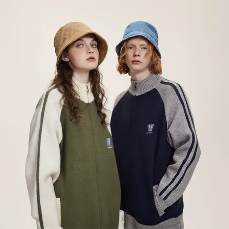 复古拼接半高领毛衣女春秋2023年新款插肩袖开衫情侣装慵懒风上衣商品大图