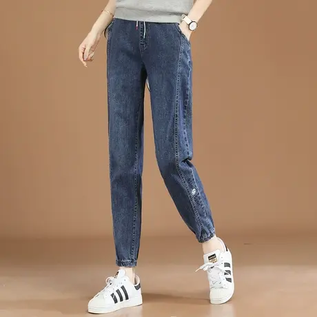 韩潮袭人松紧高腰刺绣牛仔裤女2023秋新款束脚宽松哈伦长裤子薄商品大图