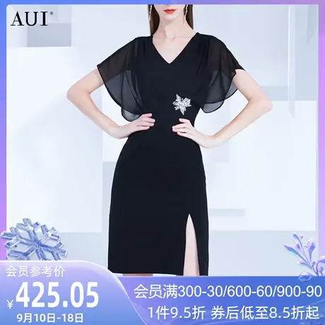 AUI黑色气质V领雪纺连衣裙女夏2023年新款小个子收腰显瘦开叉裙子商品大图