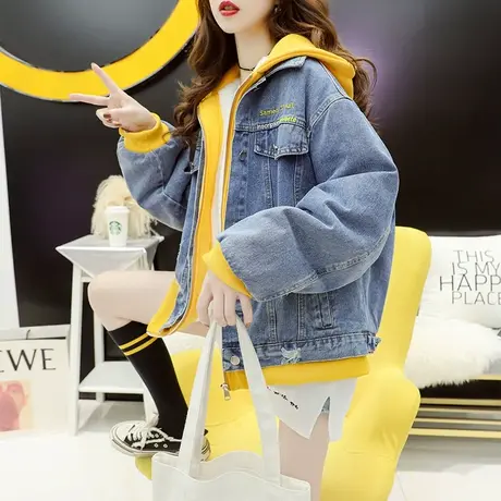 加绒加厚牛仔外套女韩版宽松2023新款秋冬洋气百搭时尚假两件开衫图片