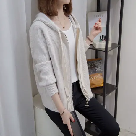 连帽针织开衫女2023秋装新款宽松外穿上衣短款慵懒风外搭毛衣外套图片