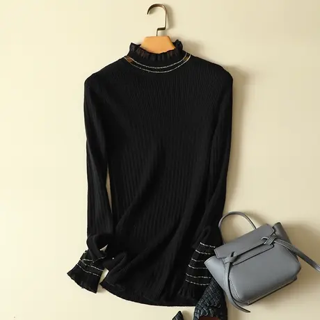 蕾丝拼接半高领套头毛衣女士秋冬2022长袖修身针织衫显瘦打底上衣商品大图