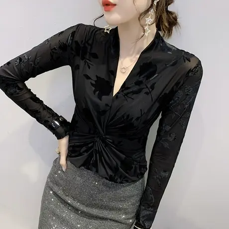 性感V领交叉T恤女装复古网纱加绒上衣紧身内搭打底衫女长袖春秋潮商品大图