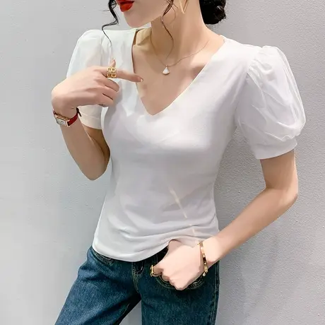 欧货气质女装时尚泡泡袖T恤短袖时尚性感V领上衣纯色百搭半袖小衫商品大图