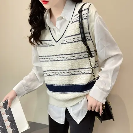 V领条纹爆款针织马甲背心秋季新款2023套头宽松毛衣女士上衣无袖图片