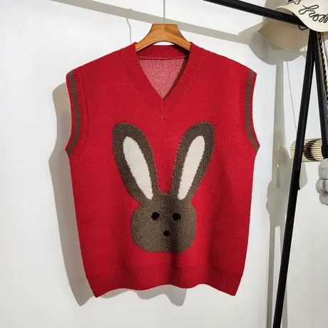 慵懒风毛衣马甲女中长款秋冬新款宽松大码长耳兔针织背心上衣外穿商品大图