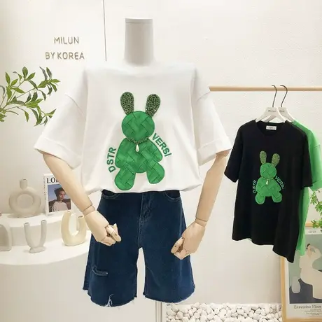 韩国东大门重工水钻兔子T恤2022夏季欧洲站时髦短袖打底上衣大码商品大图