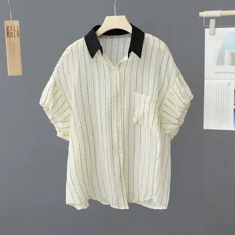 法式甜美别致泡泡袖衬衫女夏季新款气质减龄竖条纹POLO领复古上衣图片