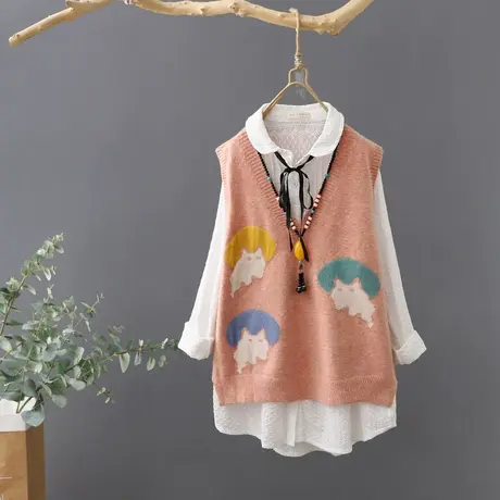 文艺范提花V领套头针织马甲背心女宽松无袖套头毛衣坎肩马夹上衣图片