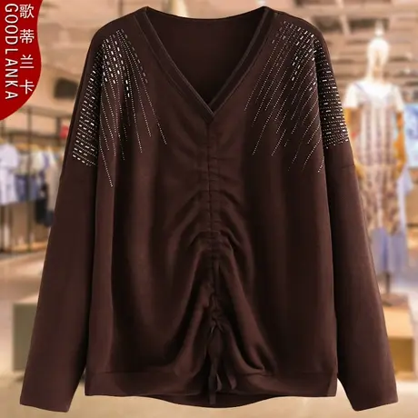 年轻气质胖妈妈春秋装镶钻针织衫洋气减龄加肥加大码女装抽象上衣图片