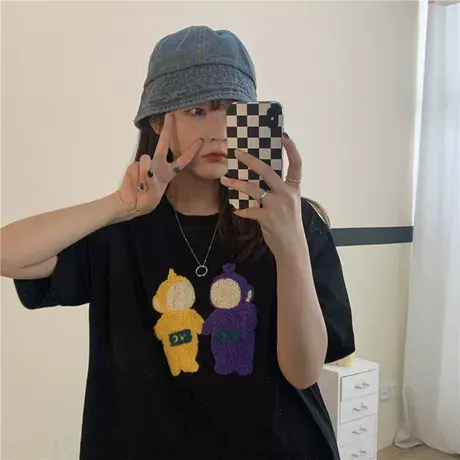 毛巾绣短袖女夏季2023年新款宽松百搭t恤刺绣半袖体恤上衣ins潮商品大图