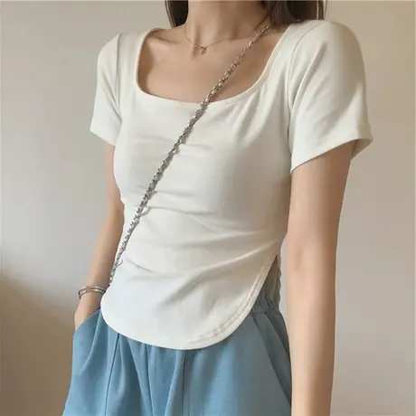 白色方领短袖T恤女夏季设计感小众下摆开叉修身显瘦纯棉上衣潮ins商品大图