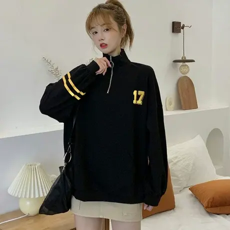 美式vintage半拉链卫衣女宽松韩版潮ins上衣春秋薄款oversize外套图片