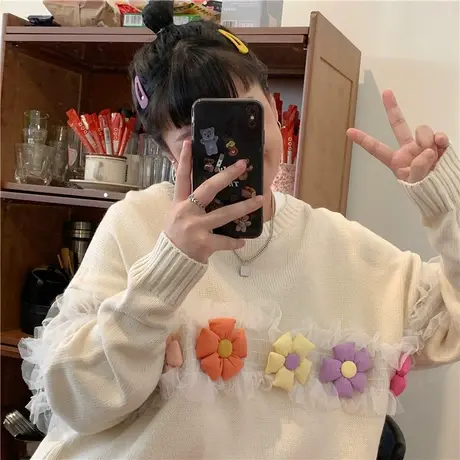 红续日系复古慵懒风小花毛衣宽松oversize针织衫女秋冬季新款上衣图片