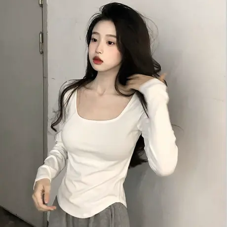 方领纯欲风长袖T恤女秋季2022新款辣妹设计感修身白色短款上衣商品大图