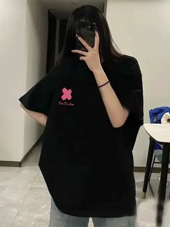 黑色圆领正肩仿棉短袖t恤女2023夏季新款宽松中长款百搭半袖体恤商品大图