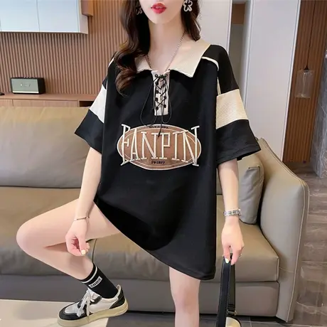 翻领polo衫短袖t恤女夏季韩版宽松大码女装中长款华夫格半袖上衣商品大图