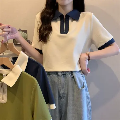 拉链polo领正肩短袖t恤女夏季港味chic显瘦学院风小众设计感上衣商品大图