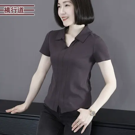 2023新款夏装翻领坑条短袖T恤女装纯色简约大码妈妈工作职业上衣商品大图