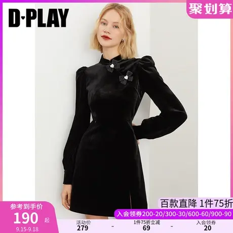 DPLAY秋装新复古新中式黑色爱心蝴蝶结连衣裙短款丝绒旗袍图片