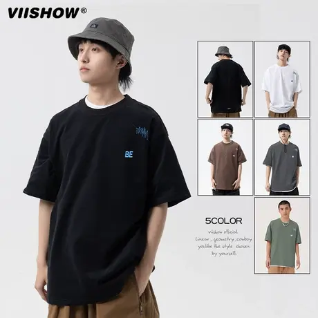 VIISHOW多色重磅小标短袖T恤男日系纯色打底衫男女半袖上衣潮男商品大图