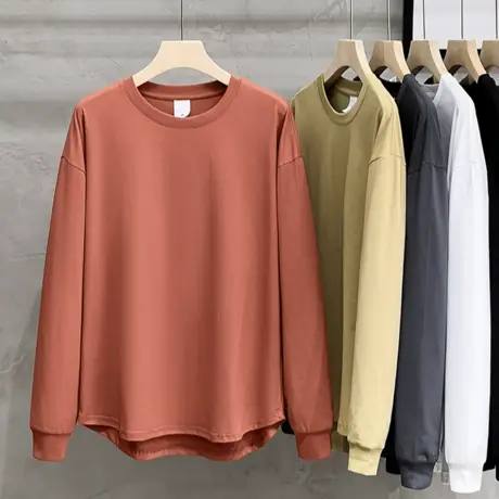 阿美咔叽日系纯色卫衣男士宽松圆领春秋款打底衫百搭长袖t恤男装商品大图