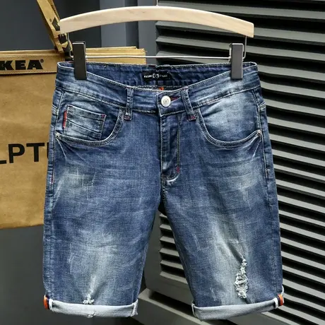 夏季男士牛仔裤短裤五分裤马裤中裤弹力薄款破洞潮流休闲青年中腰商品大图