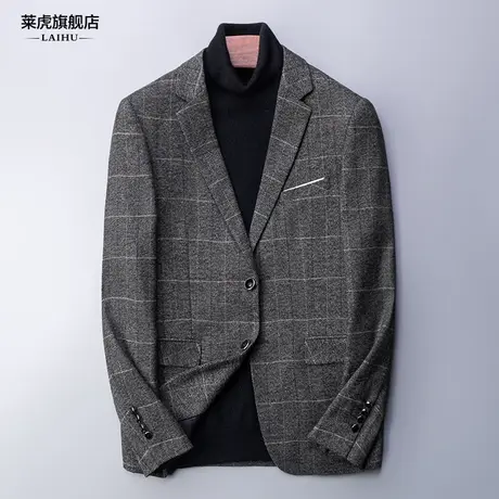灰色格子西服上衣男秋季新款青年帅气韩版休闲西装外套男士修身潮商品大图