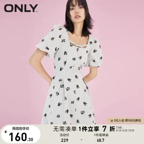 ONLY奥莱夏季田园方领泡泡袖植绒碎花牛仔连衣裙女图片