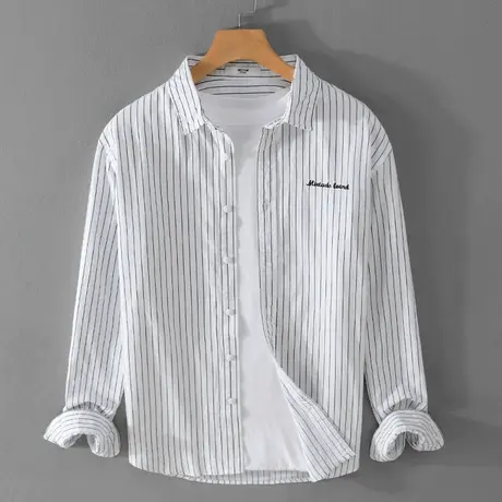 休闲衬衫男宽松春秋条纹长袖白色衬衣男生纯棉上衣男士新款外套潮商品大图