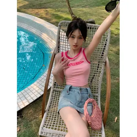 无袖吊带春季内搭打底衫上衣紧身撞色刺绣背心新款女短款修身字母图片