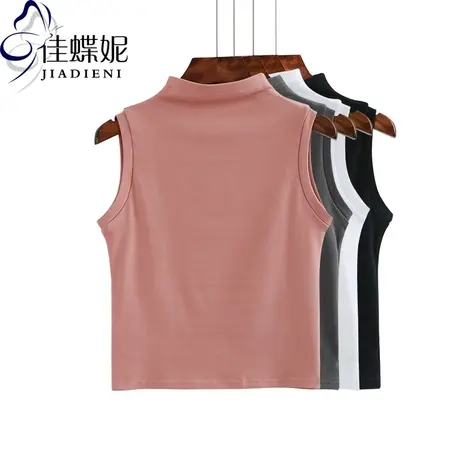 夏纯色纯棉修身中高领无袖T恤女短款高腰打底半高领背心露脐图片
