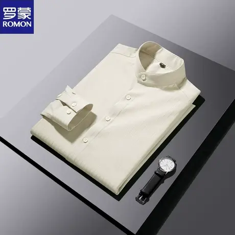 罗蒙新款条纹衬衫男长袖商务休闲春季免烫抗皱暗条纹寸衫立领衬衣图片