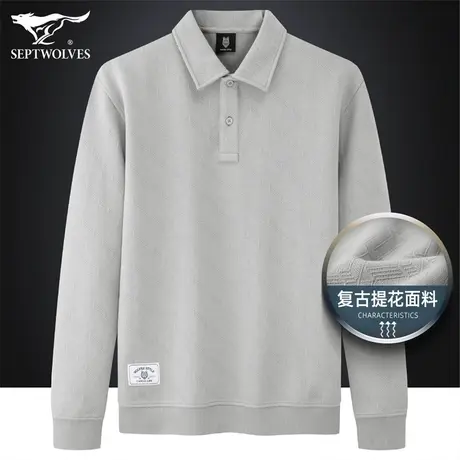 七匹狼长袖t恤男2023秋冬厚款商务休闲提花翻领polo衫套头体恤衫商品大图