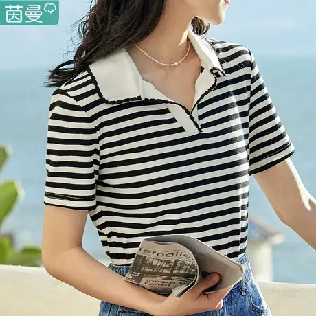 茵曼官方旗舰店官网polo领t恤夏季2023新款纯棉女装条纹短袖体桖图片