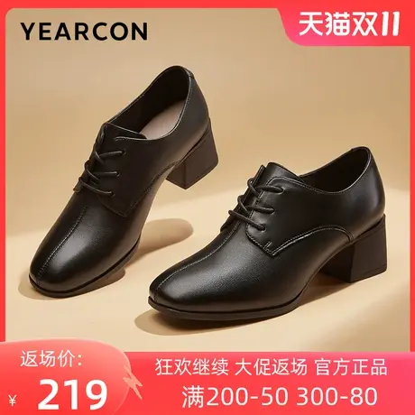 意尔康女鞋2023秋季新款真皮小皮鞋女粗跟高跟鞋深口舒适软底单鞋商品大图