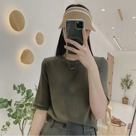 2023新款夏季薄款简约风宽松显瘦冰丝针织纯色短袖t恤女体恤上衣商品大图