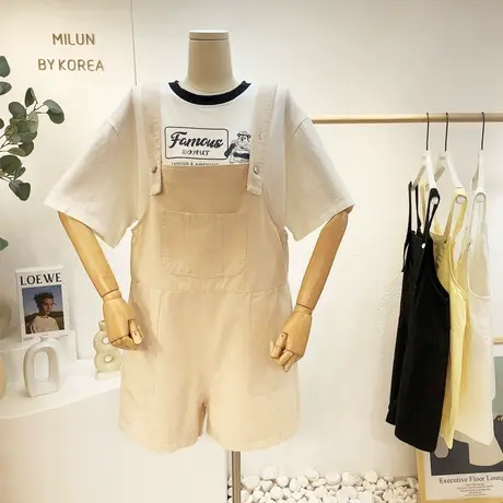 ins超火背带牛仔五分裤女韩国东大门夏季阔腿直筒休闲裤宽松大码商品大图