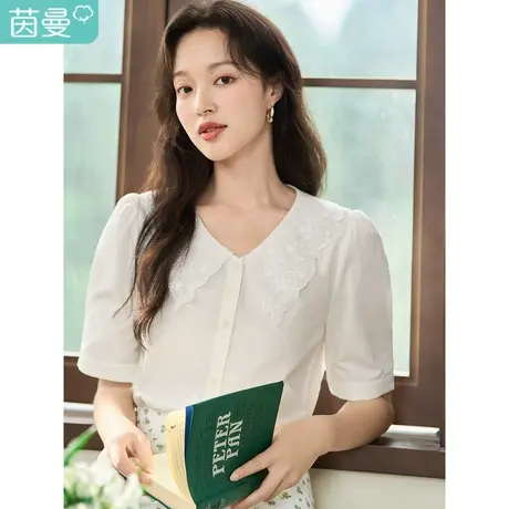 茵曼法式蕾丝娃娃尖领衬衫女士2023年夏新款宽松显瘦短袖纯棉上衣商品大图