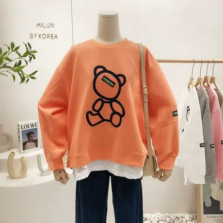 2022早春新款韩国东大门ins小熊假两件卫衣荷叶边上衣小个子显高商品大图