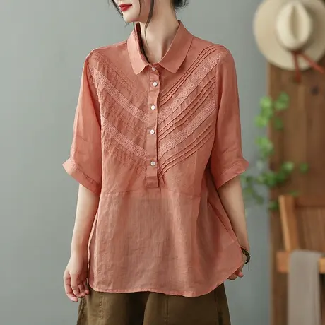 dza 复古拼接苎麻衬衫女2023夏薄款短袖衬衣宽松显瘦棉麻套头上衣商品大图