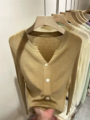 V领单排扣针织开衫纯色轻薄百搭上衣小衫女2023早秋装宽松打底衫商品大图