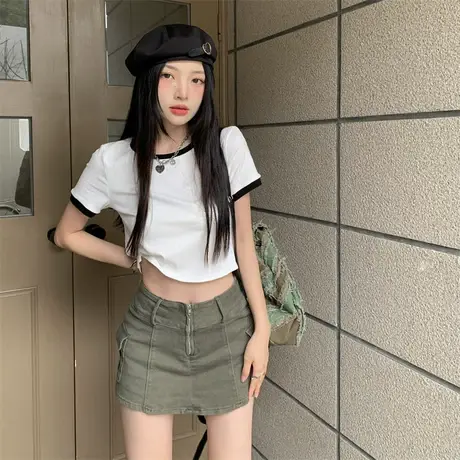 美式正肩短袖t恤女夏季2023新款设计感小众短款chic港味辣妹上衣商品大图