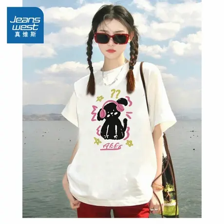 G2真维斯重磅纯棉T恤女2025夏季新款白色短袖宽松女独特漂亮上衣商品大图