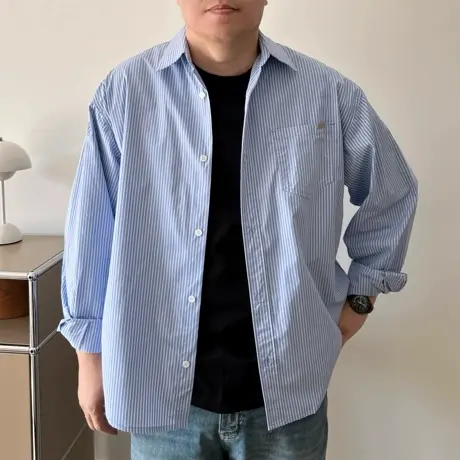 大依无忧大码男装春季蓝色条纹宽松加肥加大男士长袖休闲衬衫衬衣商品大图