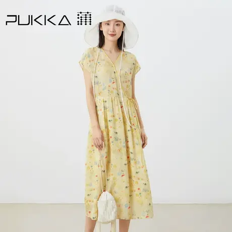 蒲PUKKA 原创设计2023夏季新品苎麻印花新中式V领显瘦长款连衣裙图片