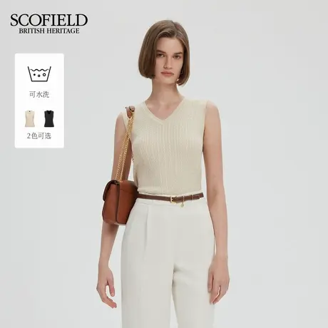 【松弛老钱风】Scofield女可水洗V领绞花针织背心含真丝25秋新品商品大图